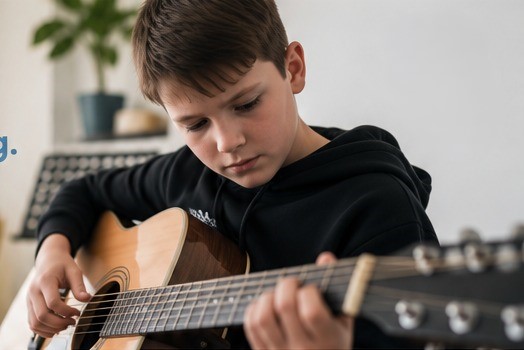 Young student practising guitar